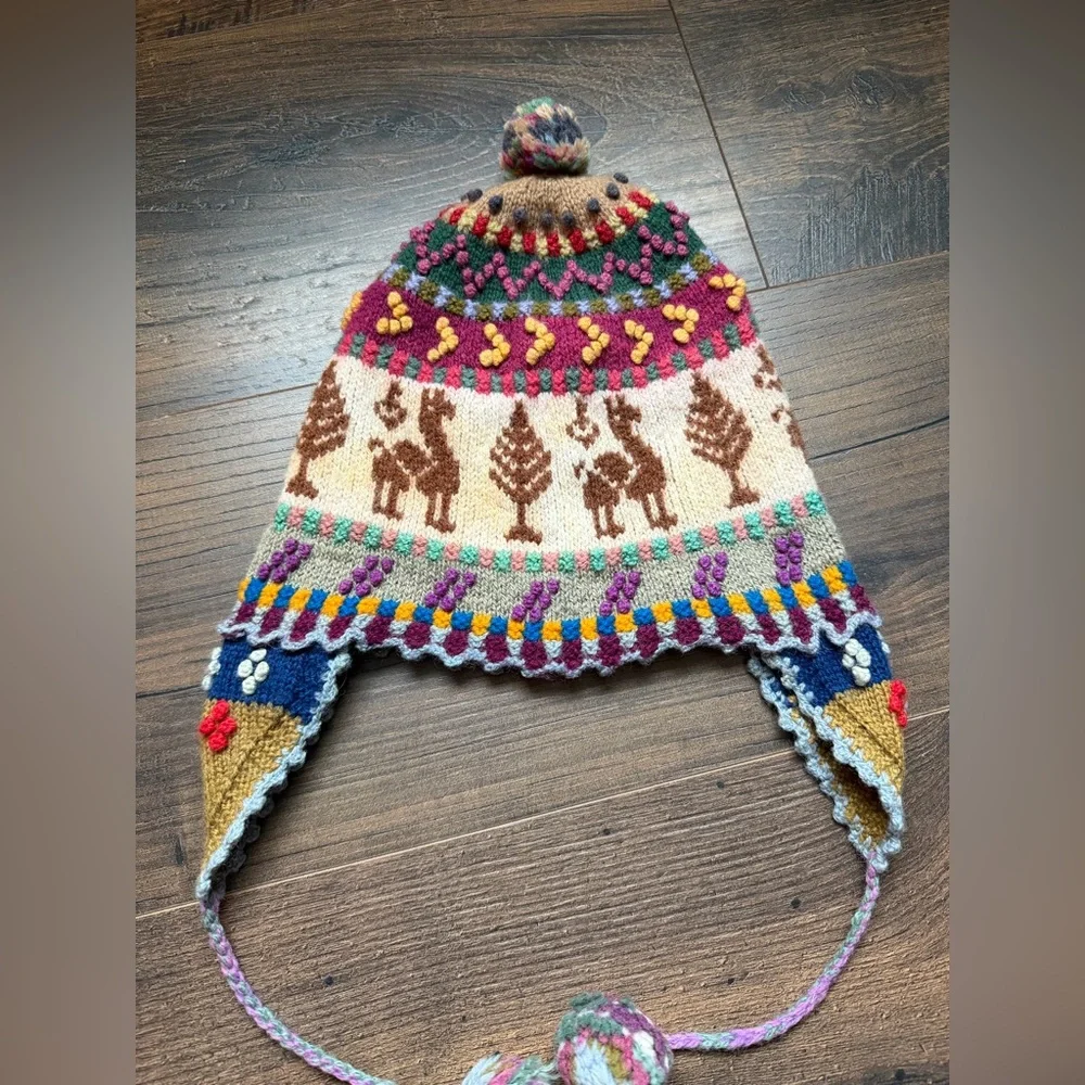Hand-Knit Peruvian Wool Chullo Hat Llama & Andean Motif Ear Flap Beanie